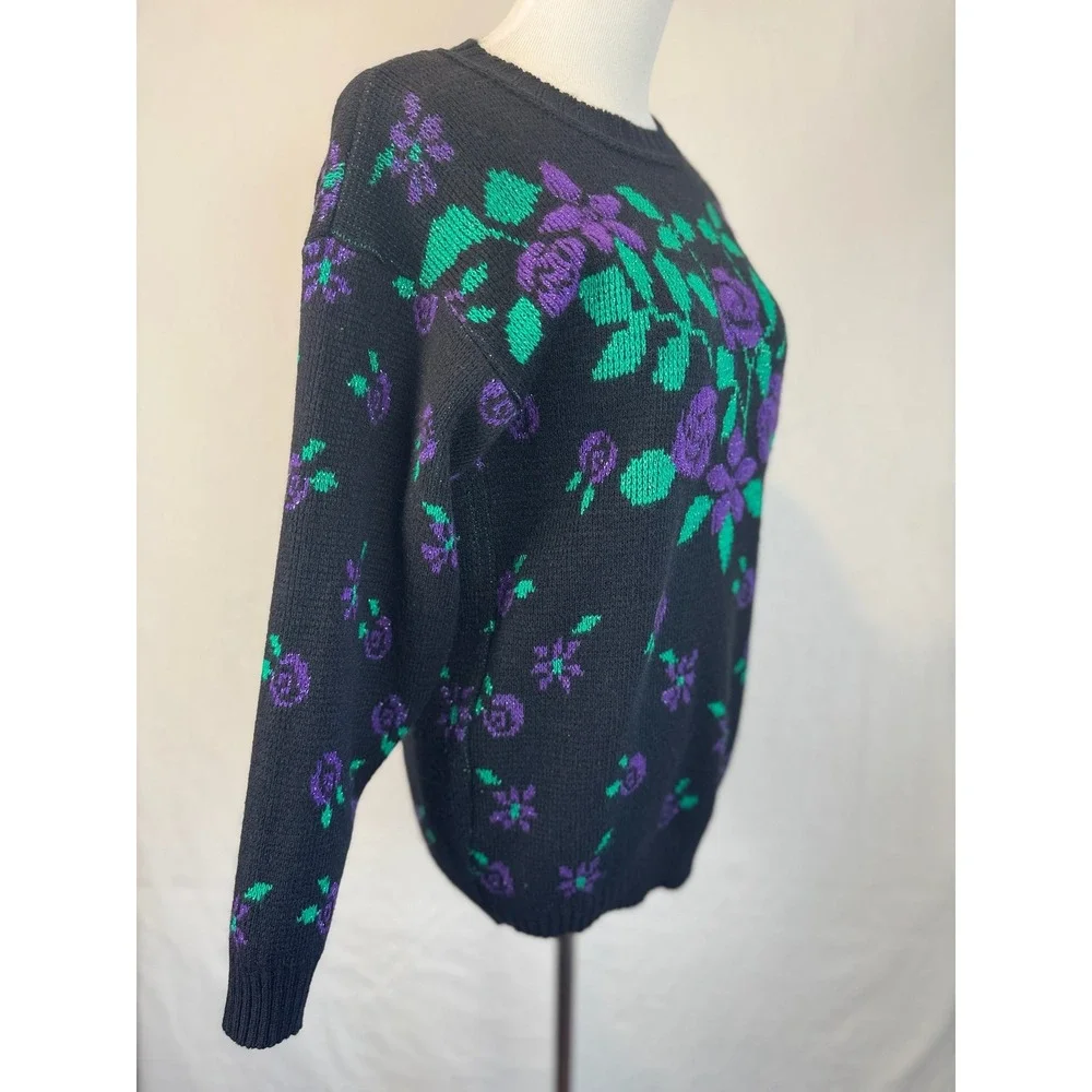 Vtg Black Purple Green Floral Knit Sweater 80s Vintage Women's Size M GFC‎ Inc